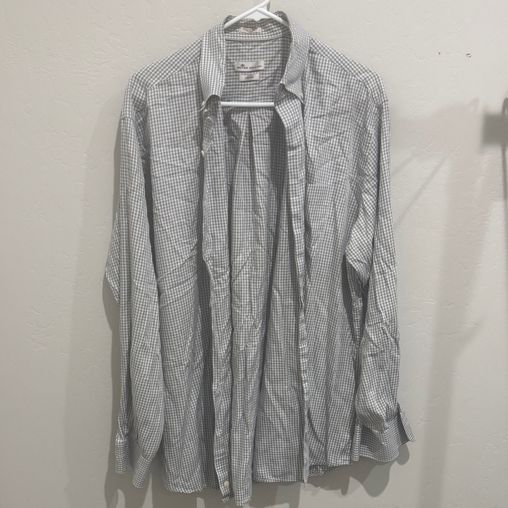 Peter Millar Men's Grey and White Check Dress Shirt